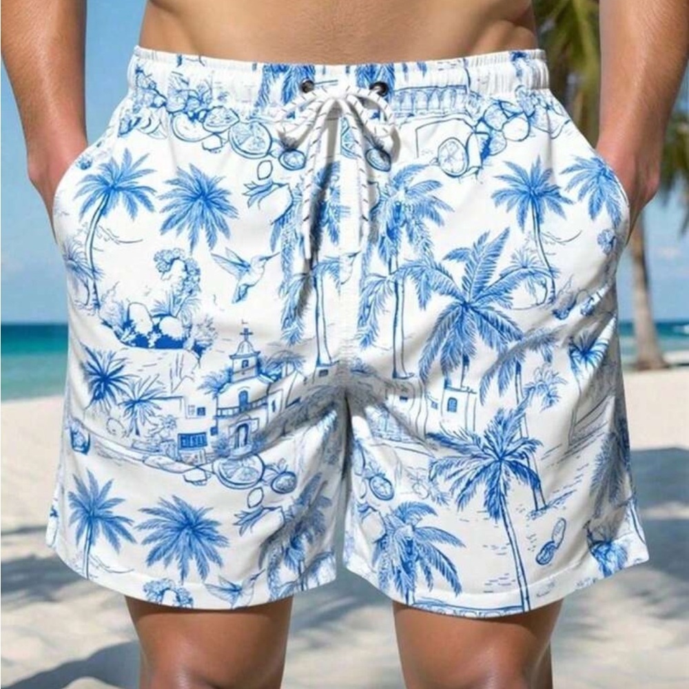 Blue and White Tropical Print Men's Swim Shorts